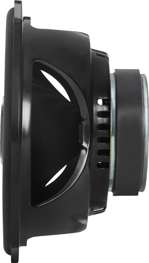 Zijaanzicht van een zwarte JBL Stage3 9637 autospeaker, profiel met montagegaten.