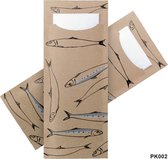1000 Papieren bestekzakjes met wit servet - Kraft bruin met een vis bedrukking