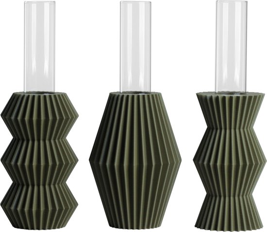 Slimprint Set van 3 Origami Vaasjes, Olijfgroen (mat), Kleine Vazen voor Droogbloemen, Inclusief Glazen Inzetvaas (20 cm), Gerecycled Kunststof