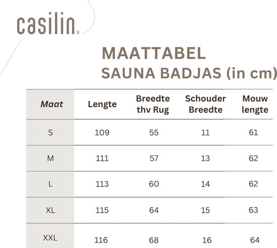 Maattabel voor de Casilin saunabadjas in cm, met maten S, M, L, XL en XXL.