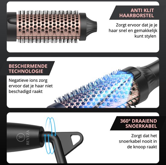 Details van de anti-klit borstel, beschermende technologie met negatieve ionen, en 360° draaiende snoer.