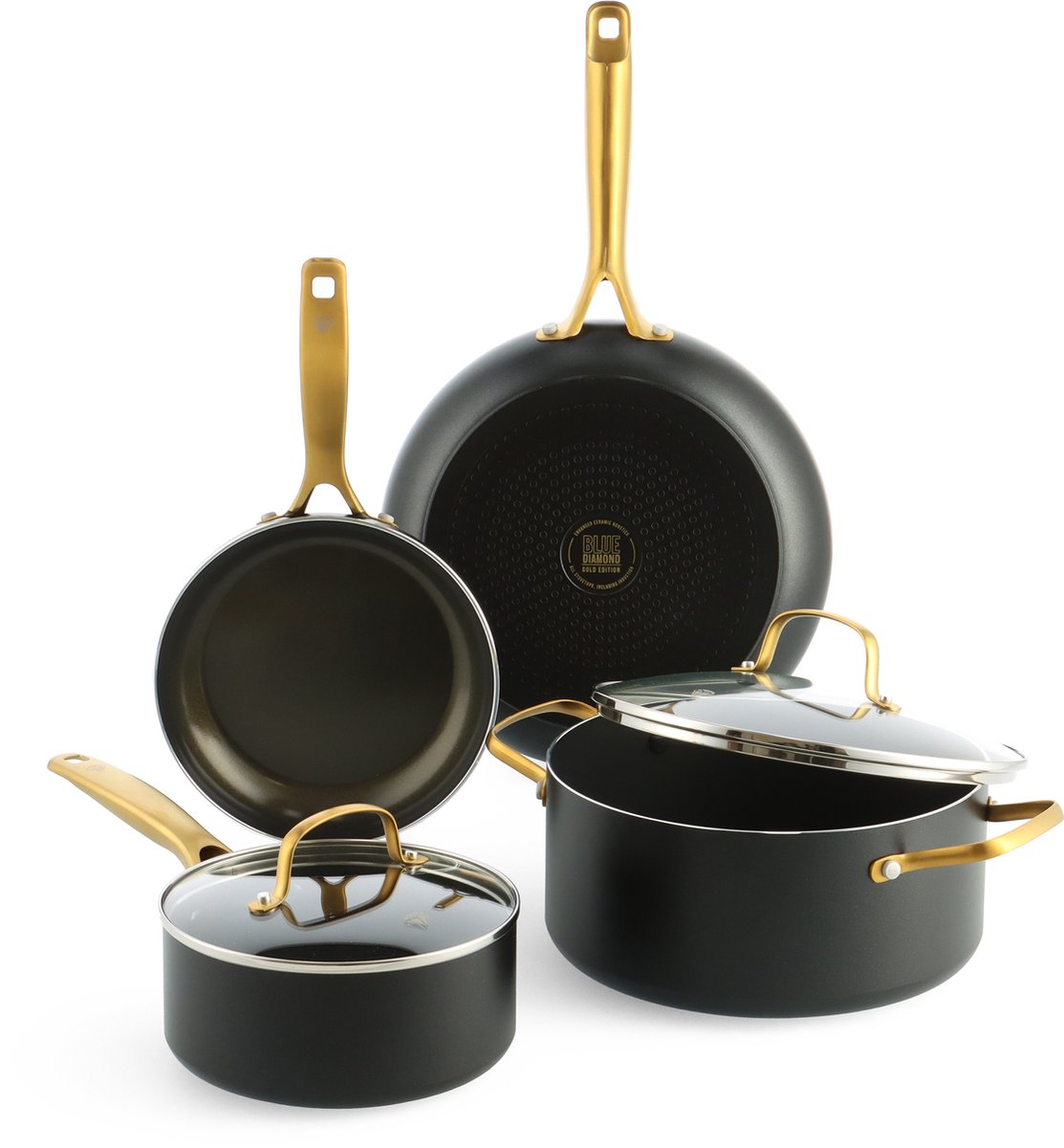 Blue Diamond Gold Edition keramische inductie Pannenset 6-Delig - 20/24/28cm - PFAS-vrij - Inductie koekenpan - Ovenbestendig tot 220°C - Vaatwasserbestendig - Met deksels - Gerecycleerd aluminium - Zwart