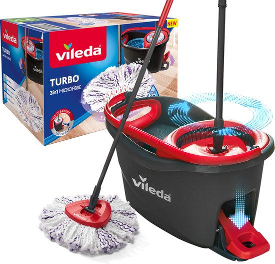 Foto: Vileda turbo 3in1 complete roterende mopset met emmer met pedaalpers nieuwe generatie microvezelpad 3in1