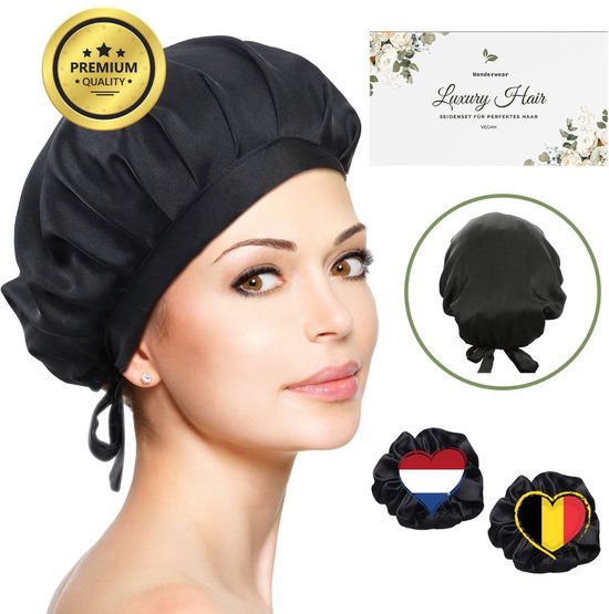 Foto: Wonderwear perfecte slaap set uit nederland veganistische zijde slaapmuts haarnetjes verstelbare bonnet met dubbelzijdige voering inbegrepen duurzame doos en hoogwaardige haarelastiekjes