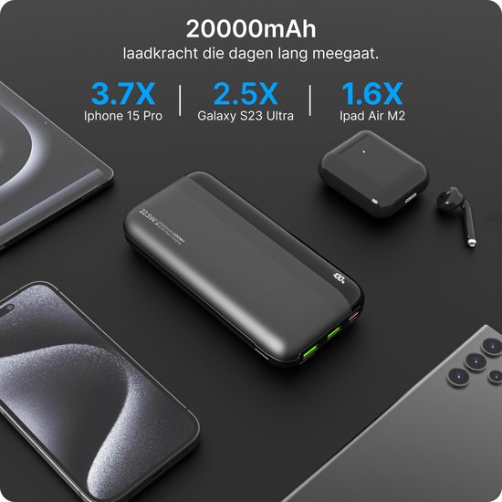 Zwarte Voomy powerbank van 20000 mAh, omringd door moderne apparaten zoals smartphones, AirPods en een iPad.