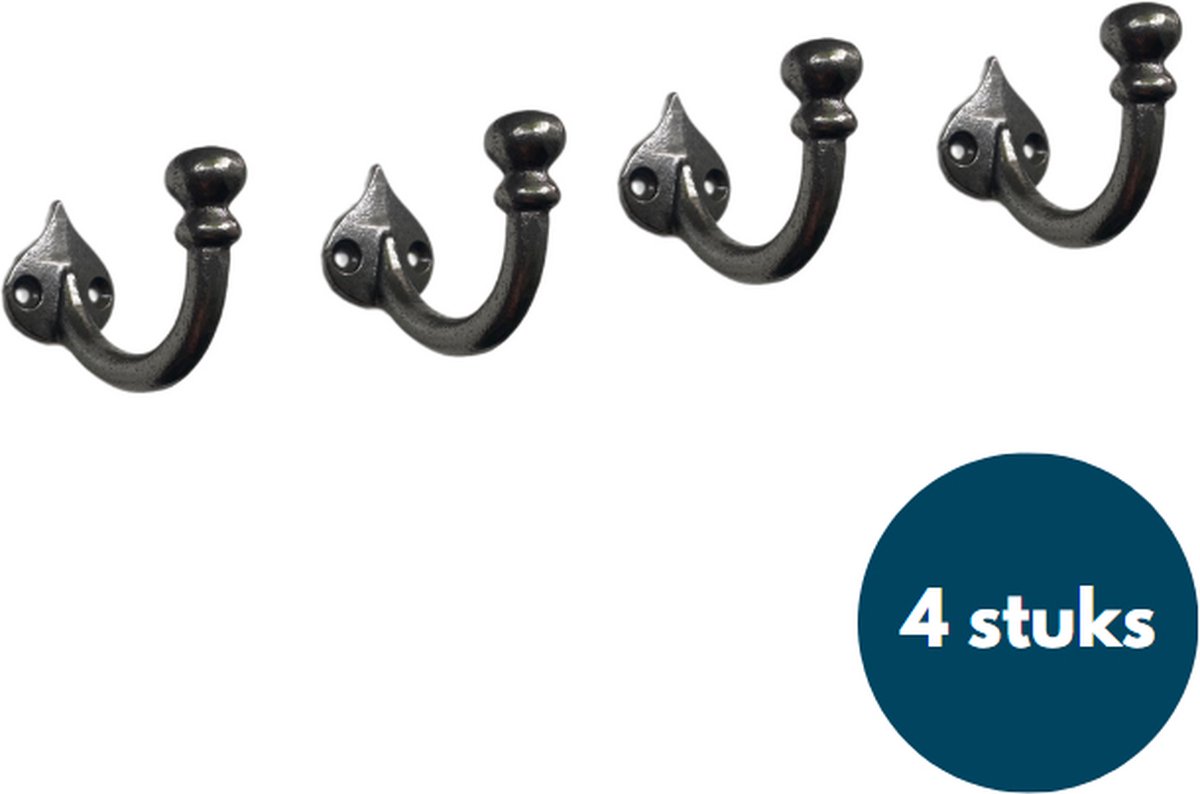 Kapstok haken gietijzer - Wandhaken - Jashaak - Blanke coating - 4 stuks