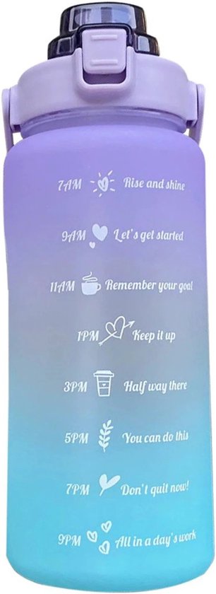 Bouteille de 2 litres Violet/ Blauw avec bracelet gratuit - Bouteille de motivation - Bouteille d'eau - Paille - 2 litres - Marquage du temps - Bouteille de sport - Pichet à eau - Bouteille de 2 litres - Gourde - Bouteille verseuse
