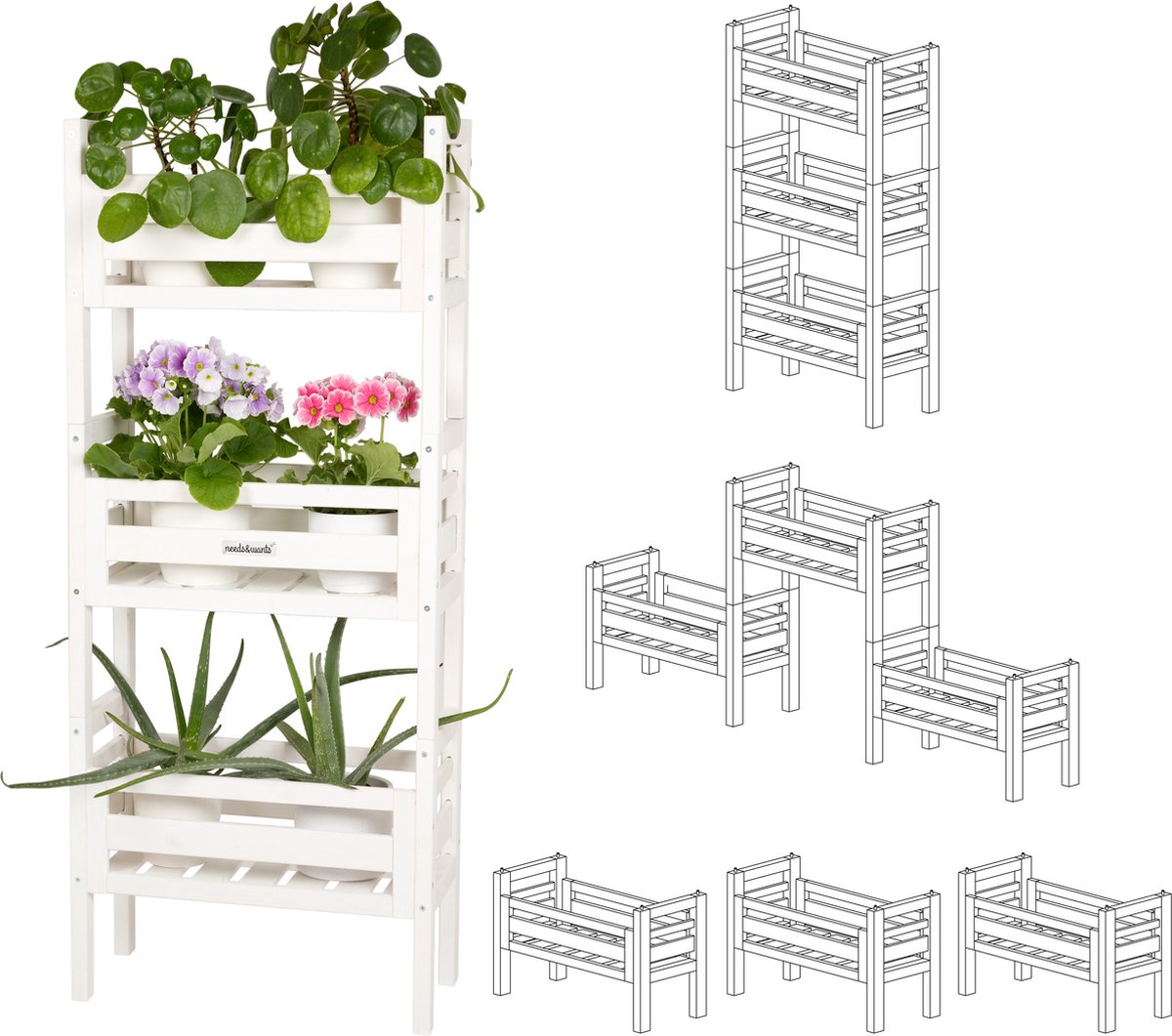 need&wants® 3-voudig multifunctioneel: plantenstandaard bloemenstandaard van hout weerbestendig voor binnen buiten balkon tuin buiten binnenmuur, plantenplank bloementrap, b.v. 51 x 23 x 122 cm hoog, wit