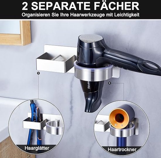 Support Murale Sèche-Cheveux WAYASI - Acier Inoxydable 304 - Adhésif Puissant - Argent Brossé