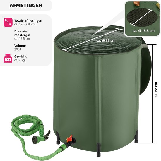 Groene opvouwbare regenton met afmetingen: ca. 59 x 68 cm, kraan en tuinslang.