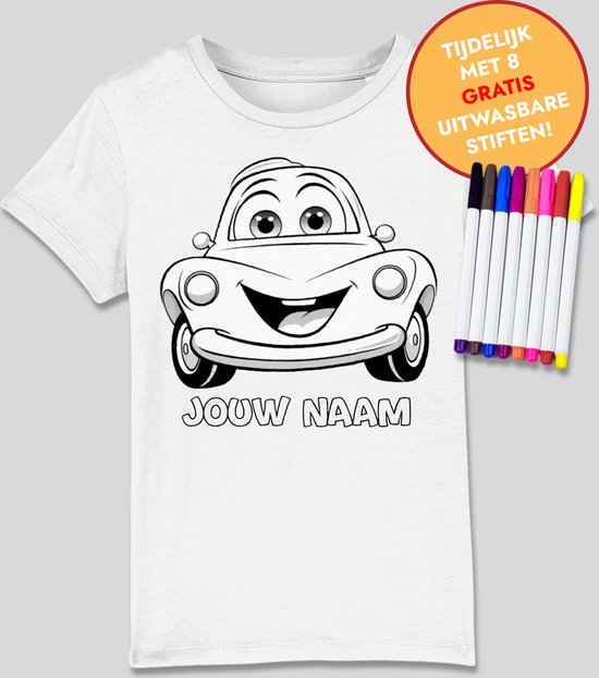 Inkleurbaar t-shirt kinderen – auto - kinderspeelgoed – 5 tot 6 jaar - eigen naam – gepersonaliseerd – kleuren – viltstiften voor kinderen – t-shirt