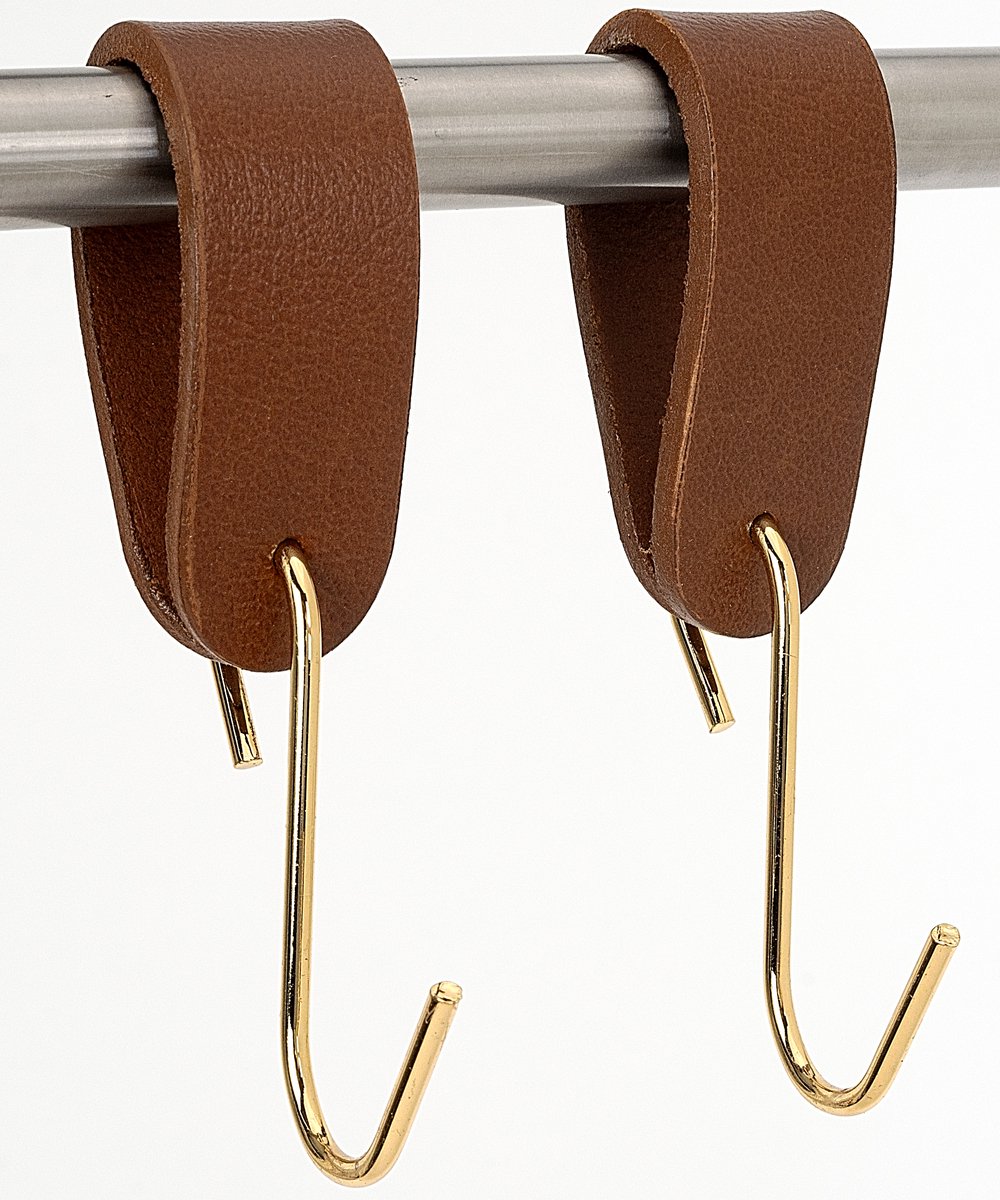 Buffel&Co ophanghaken - S haken - Kapstokhaajes - Handdoekhaken - Buffelleer - Cognac - Goud - Metaal