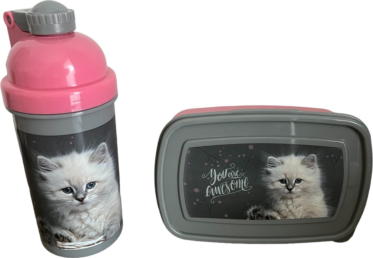 Paso waterfles en broodtrommel - bidon - lunchbox - drinkfles - 550 ml - 18,5x13x6cm - kat poes