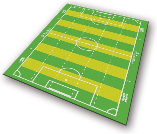 Mat met een groen en geel gestreept voetbalveld.