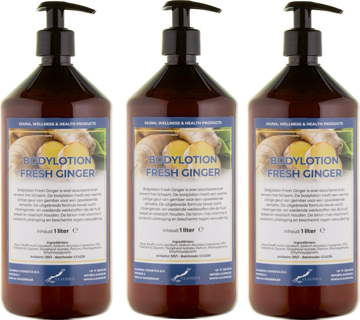 Bodylotion Fresh Ginger 1 Liter - met gratis pomp - set van 3 stuks