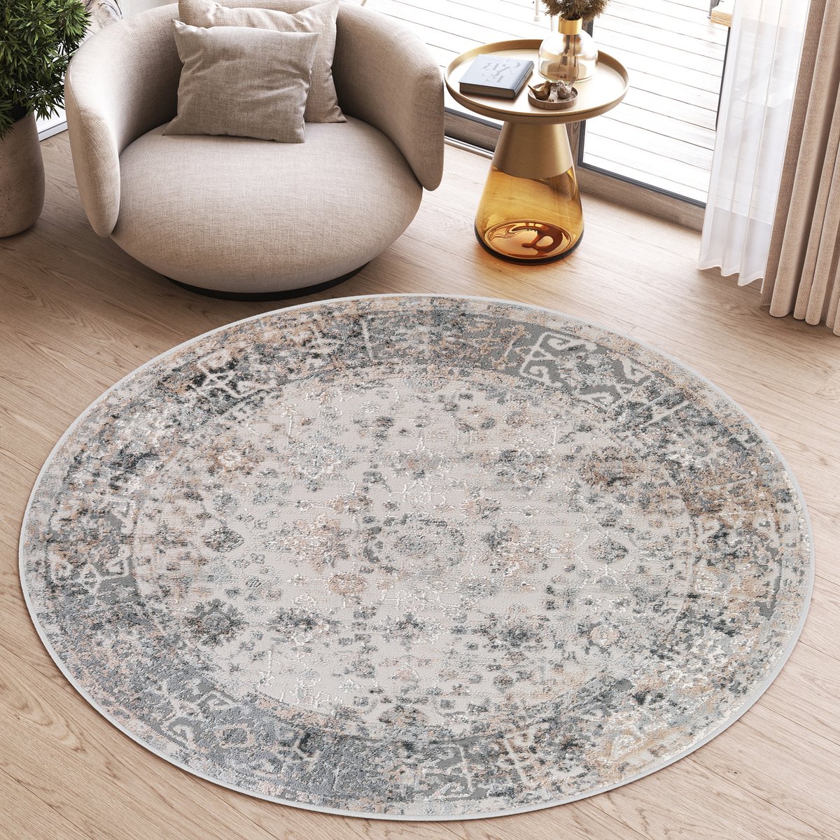 Tapiso Valley Rond Vloerkleed Grijs Vintage Laagpolig Tapijt Maat- 100x100 Lichtgrijs