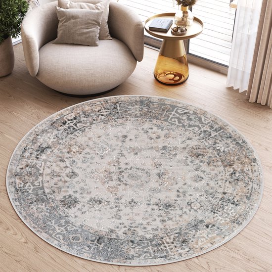 Tapiso Valley Rond Vloerkleed Grijs Vintage Laagpolig Tapijt Maat- 100x100