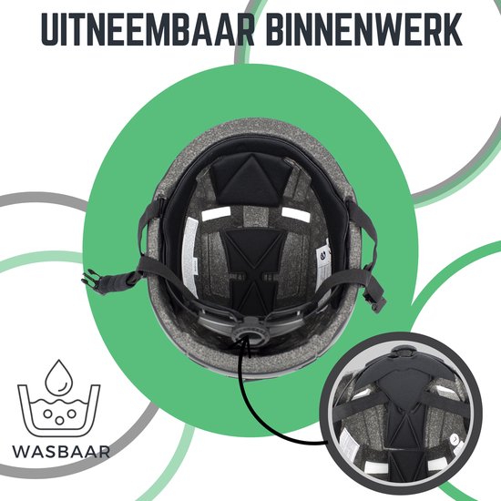 Binnenzijde van de zwarte helm, met uitneembaar en wasbaar binnenwerk en verstelmechanisme.