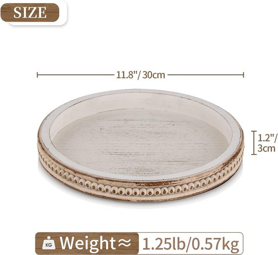 Hanobe Decoratief rond koffieblad: wit houten gesneden boho decor dienbladen boerderij cirkel houten schotel voor aanrechttafel middenstuk Ottomaanse