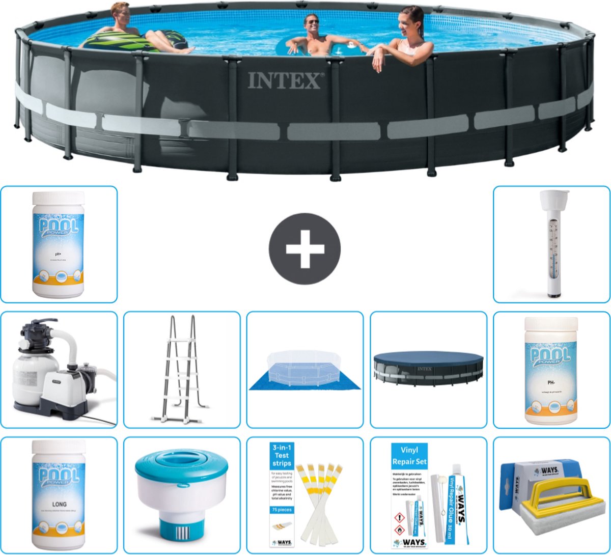 Intex Rond Ultra XTR Frame Zwembad - 610 x 122 cm - Inclusief Pomp - Ladder - Grondzeil - Afdekzeil Chloor - Chloordrijver - Testrips - Reparatiesetje - Scrubborstel - PH-waarde - PH-waarde - Thermometer