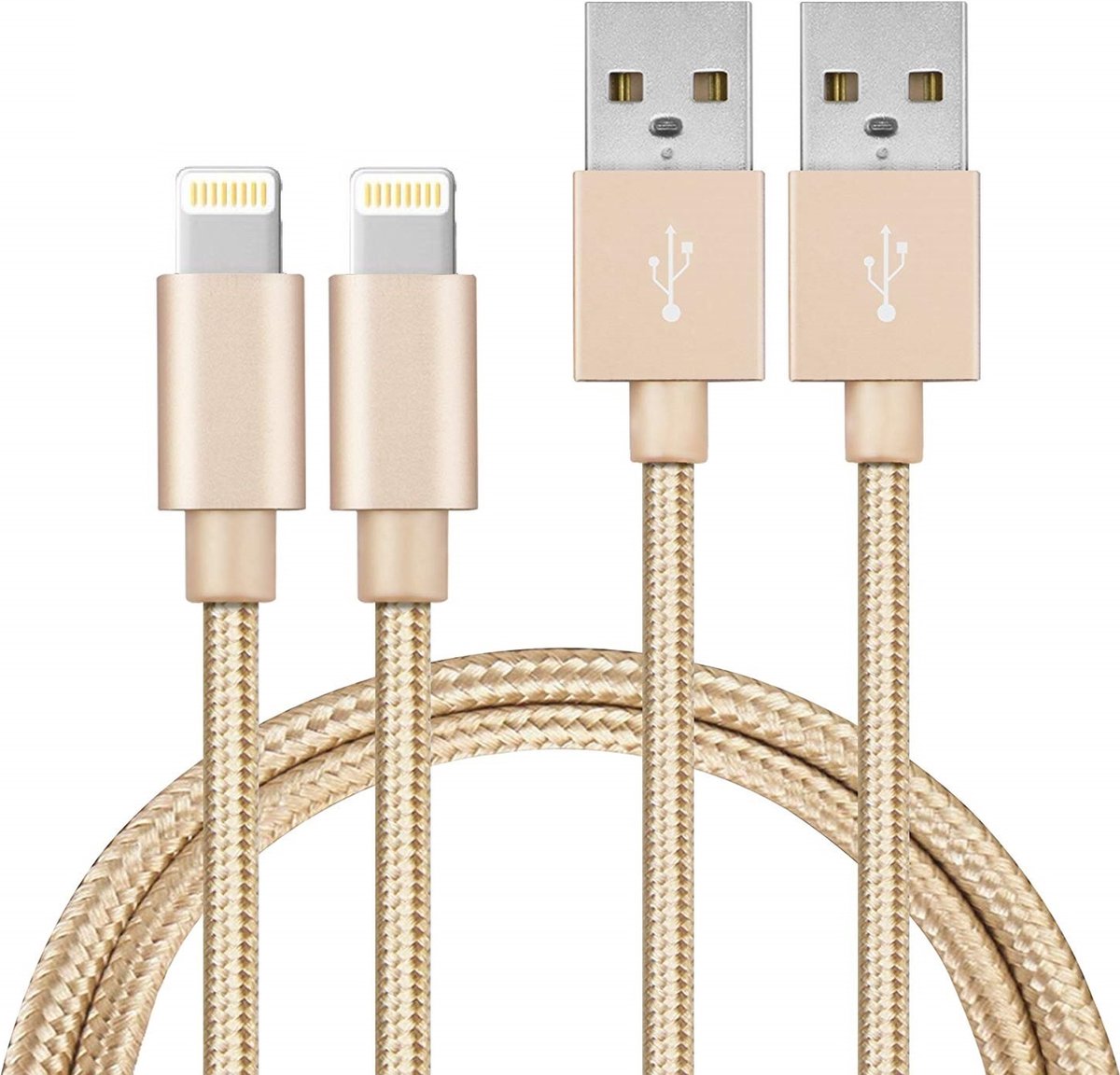 2x Lightning naar USB A Nylon Gevlochten Kabel Zilver Wit - 1 meter - Oplaadkabel voor iPhone X / XS / XS MAX / XR / 7 / 7 PLUS / 8 / 8 PLUS / 6 / 6S / 6 PLUS / 6S PLUS / 5 / 5S / SE / AirPods 1 / Airpods 2 / Airpods 3 / Airpods Pro 1