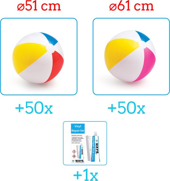 Intex Opblaasbare Strandballen - Strandbal Voordeelverpakking - 2 x 50 stuks - Strandbal Jumbo - Diameter 51 en 61 cm - Ideal voor Festivals - Inclusief handig Reparatiesetje
