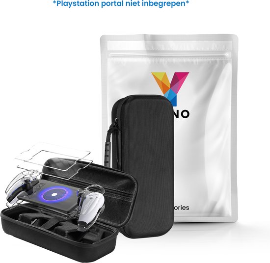 Een zwarte opberghoes, verpakking en accessoires voor een Playstation Portal. "Playstation portal niet inbegrepen".