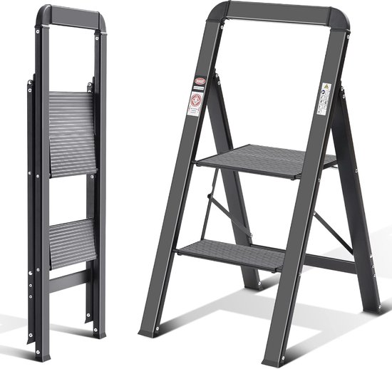 Foto: Stellar trapladder vouwladder met leuning antislip huishoudladder met klapbeveiliging aluminium opstapkruk belastbaar tot 150 kg zwart huishoudtrap