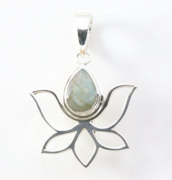 Opengewerkte zilveren lotus bloem hanger met labradoriet