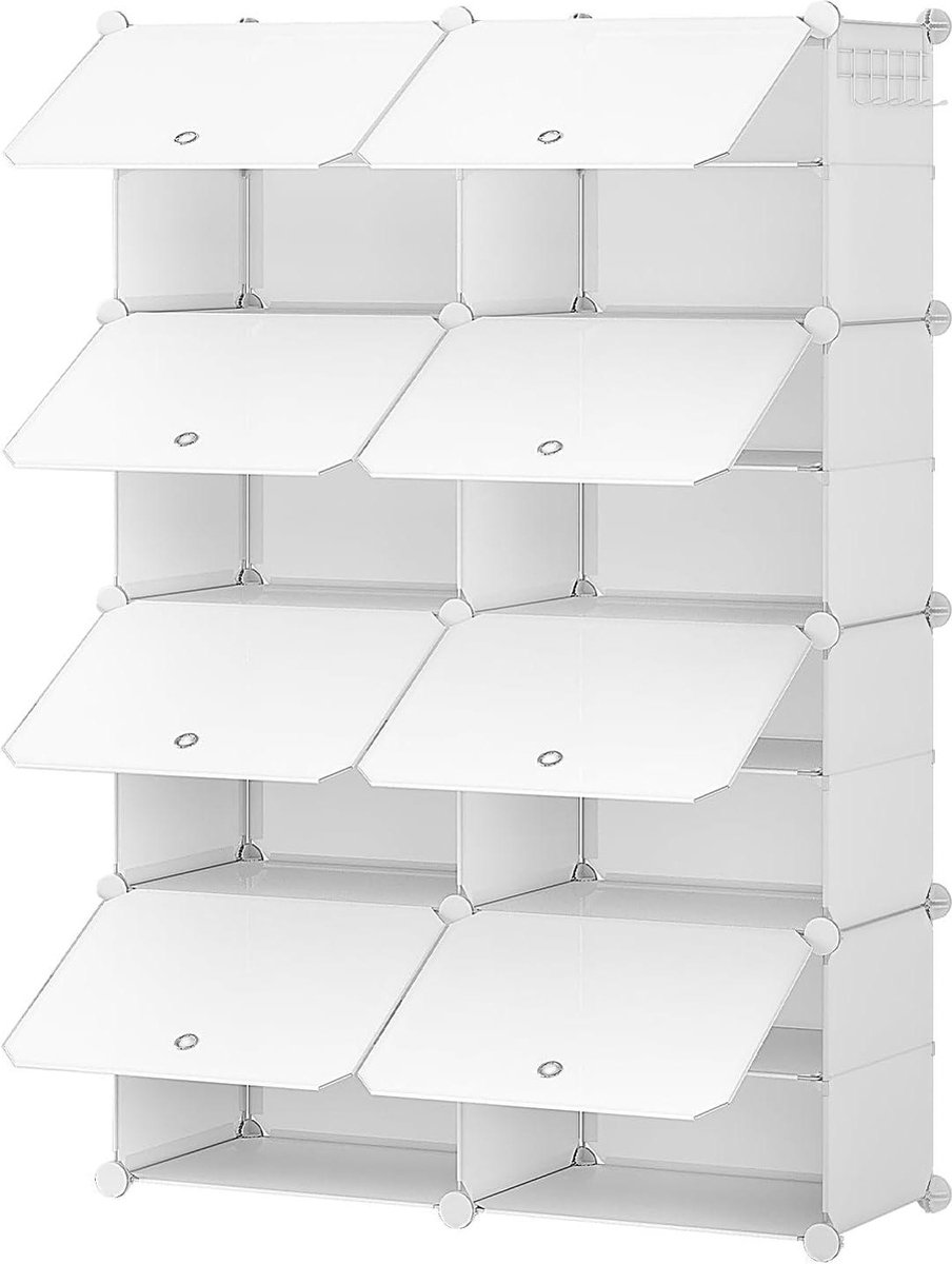 Schoenenrek met 8 vakken Schoenenkast met deur voor 32 paar Smal kunststof stalen frame voor woonkamer slaapkamer Wit EWT28SC01G1
