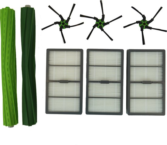 Twee groene borstels, drie zwarte borstels met groene details en drie witte filters.