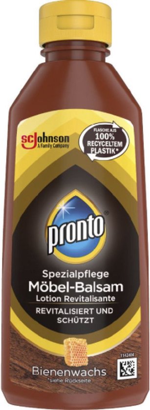 Bruine fles Pronto Meubelbalsem met gele dop. Tekst: "pronto Spezialpflege Möbel-Balsam Lotion Revitalisante REVITALISIERT UND SCHÜTZT Bienenwachs"
