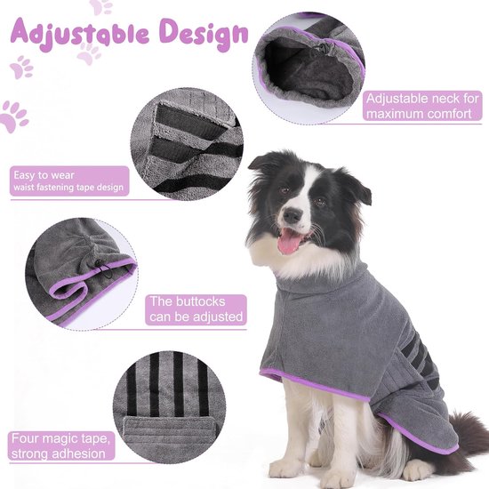 BASVII Microvezel Hondenbadjas, Extra Absorberende en Snel Drogende Hondenhanddoek met Klittenband en Verstelbare Intrekbare Band, Hondenbadjas voor Grote Middelgrote en Kleine Honden Grijs