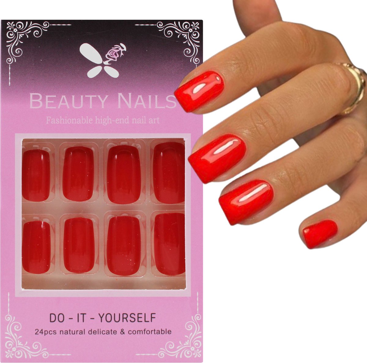 Goedkoopste Nepnagels met Lijm - Nepnagels Rood - Gekleurd - Lang - Square - 24 stuks - Rood - Kunstnagels Rood - Plak Nagels Rood - Press on Nails - Kunstnagels - Nagellijm - Cadeau