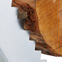Close-up van een boomstam die vastgehouden wordt door de gekartelde randen van een metalen zaagbok.