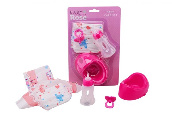 Baby verzorgingsset met luier, flesjes, potje en speen in roze en wit.