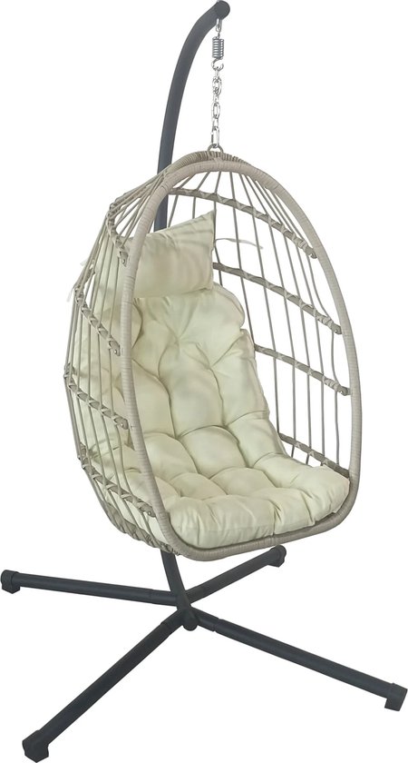 Inklapbare hangstoel - egg chair - crème zwart - beige kussens