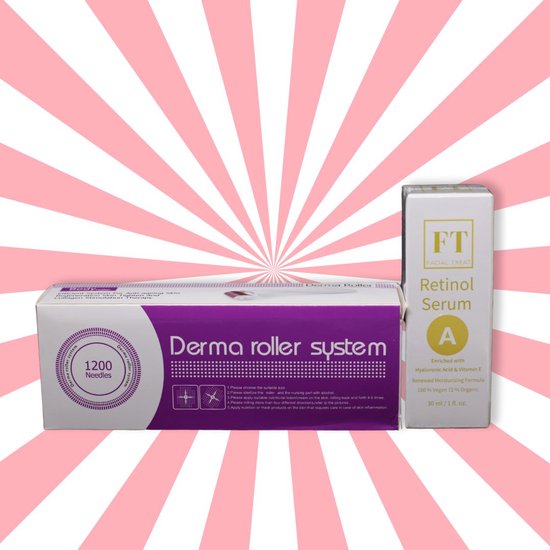 Doos en flesje retinol serum, met een roze en witte spiraal achtergrond. De doos heeft 'Derma roller system' en '1200 Needles'.
