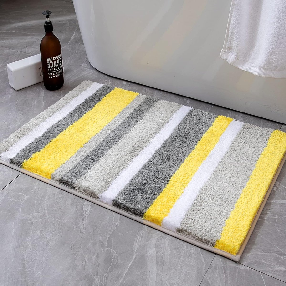 Badmat badmat streep douchemat antislip badmat gestreepte deurmat decoratieve badkamermat pluizig absorberend antislip badkamer woonkamer 1 stuk 40 x 60 cm geel en grijs