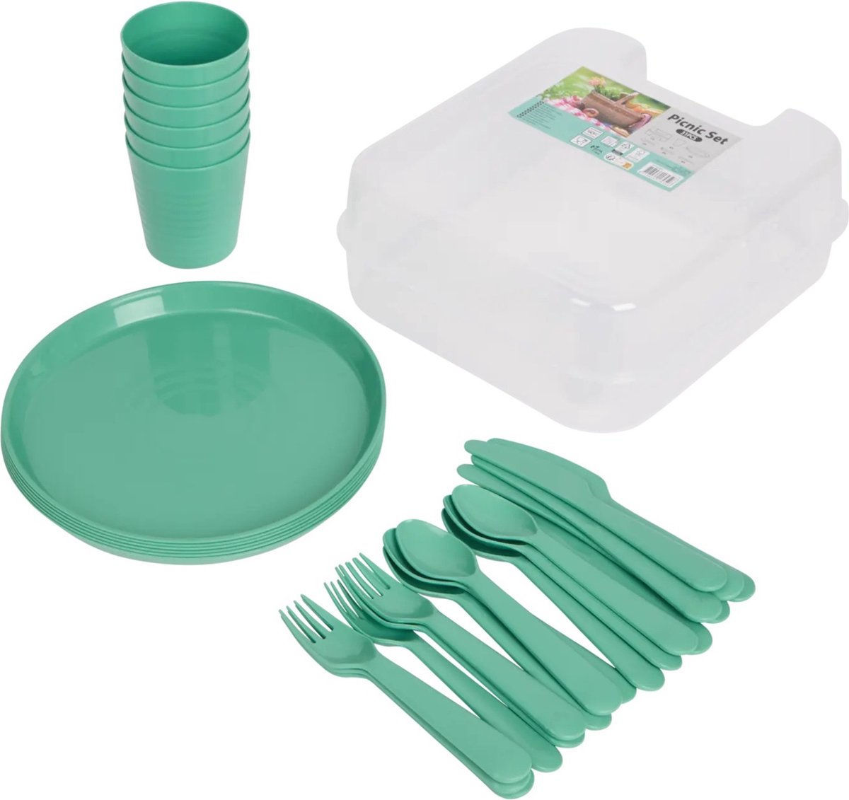 KimDo - Picknick Set - 31 stukken - Groen - Buiten eten - BBQ accessoires - buitenkeuken - Vork - Mes - Lepel - Borden - Bekers