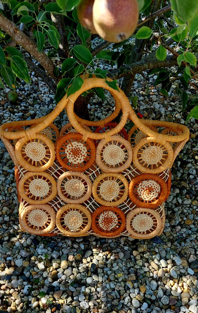 Rietentas Naturel, Oranje en Roest kleurige rondjes Maat L, Strandtas, Shopper, Rietentas, Handtas