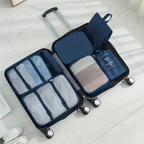 Cubes d'emballage - Set de 7 organisateurs de bagages pour les vacances - Rangement pour sièges-auto de Vêtements ultimes pour Valises, Bagage à main, Tassen et Sacs à dos - Perfect pour les Voyages, les vacances et les voyages d'affaires - D. Bleu