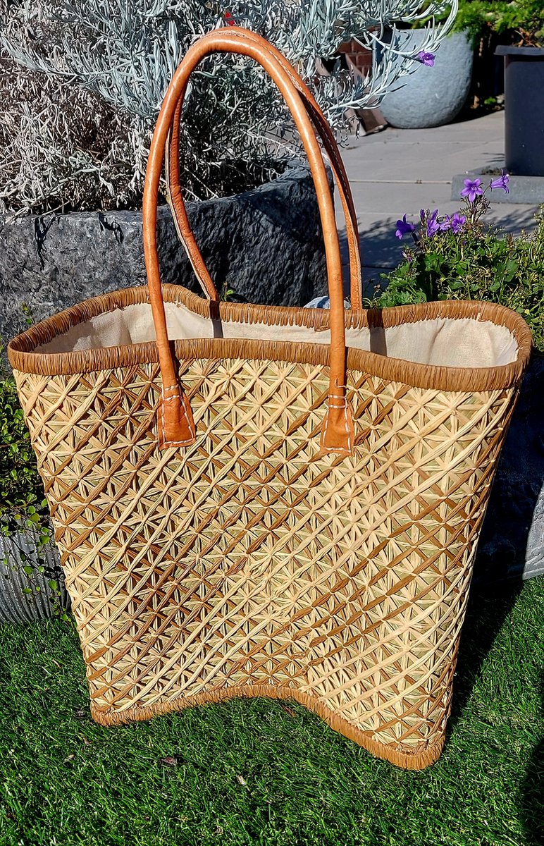 Rietentas, Rietentas met leren handsvaten, Rietenshopper, Strandtas, Shopper