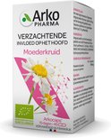 Zijkant van Arkopharma Moederkruid doosje met ingrediënten, bio-keurmerk en bloemenillustratie.