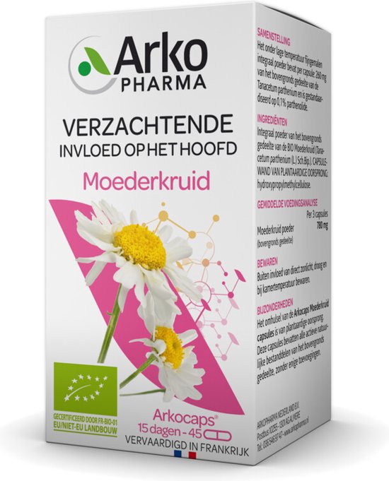 Zijkant van Arkopharma Moederkruid doosje met ingrediënten, bio-keurmerk en bloemenillustratie.