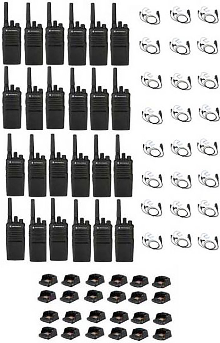 Set van 24 Motorola XT420 UHF IP55 PMR446 Portofoon met laders en beveiliging oortje M1 2-pins