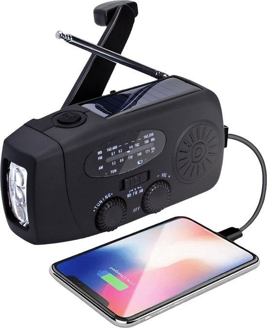 Noodradio opwindbaar – 2000mAh – USB – LED-leeslamp – zwart