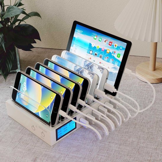 Snel oplaadstation PD20W QC3.0 Multi USB-poorten, 7-in-1 laadstation voor meerdere apparaten met LCD-scherm, compatibel voor iPhone, iPad, Samsung, Huawei en meer
