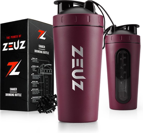 ZEUZ Premium RVS Shakebeker – Eiwit & Proteïne Shaker – Shake Beker - BPA Vrij – 700 ml - Bordeaux Rood
