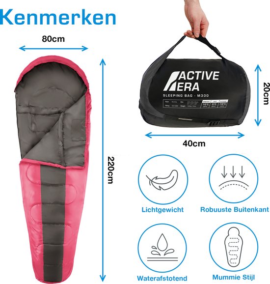 Active Era Professional Premium Slaapzak - 300 GSM Vulling en Waterafstotend - Mummieslaapzak met Binnenzak - 4 Seizoenen voor Kamperen, Camping, Backpacken, Hiken, Festivals, Logeren, Buitenhuis - Volwassenen & Kinderen - 220x80cm - Roze van Active Era — afbeelding 5